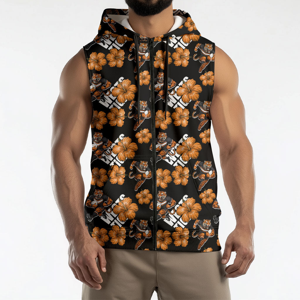 Wests Tigers Sleeveless Zip Hoodie Tropical Hibiscus Floral Seamless Rugby Mascot