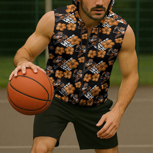 Wests Tigers Sleeveless Zip Hoodie Tropical Hibiscus Floral Seamless Rugby Mascot