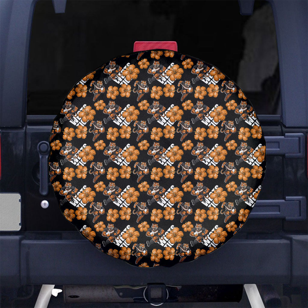 Wests Tigers Spare Tire Cover Tropical Hibiscus Floral Seamless Rugby Mascot
