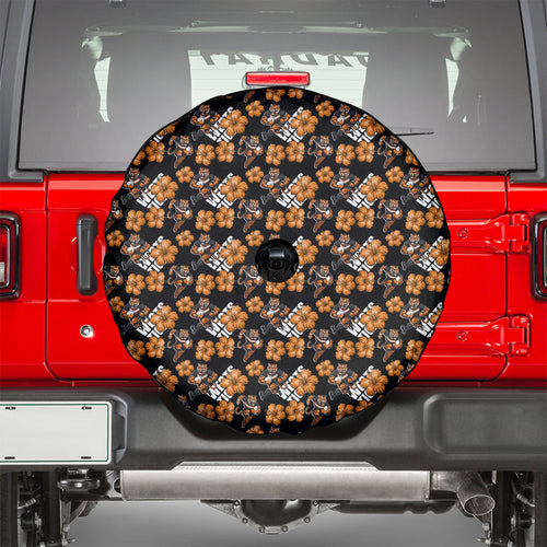 Wests Tigers Spare Tire Cover Tropical Hibiscus Floral Seamless Rugby Mascot