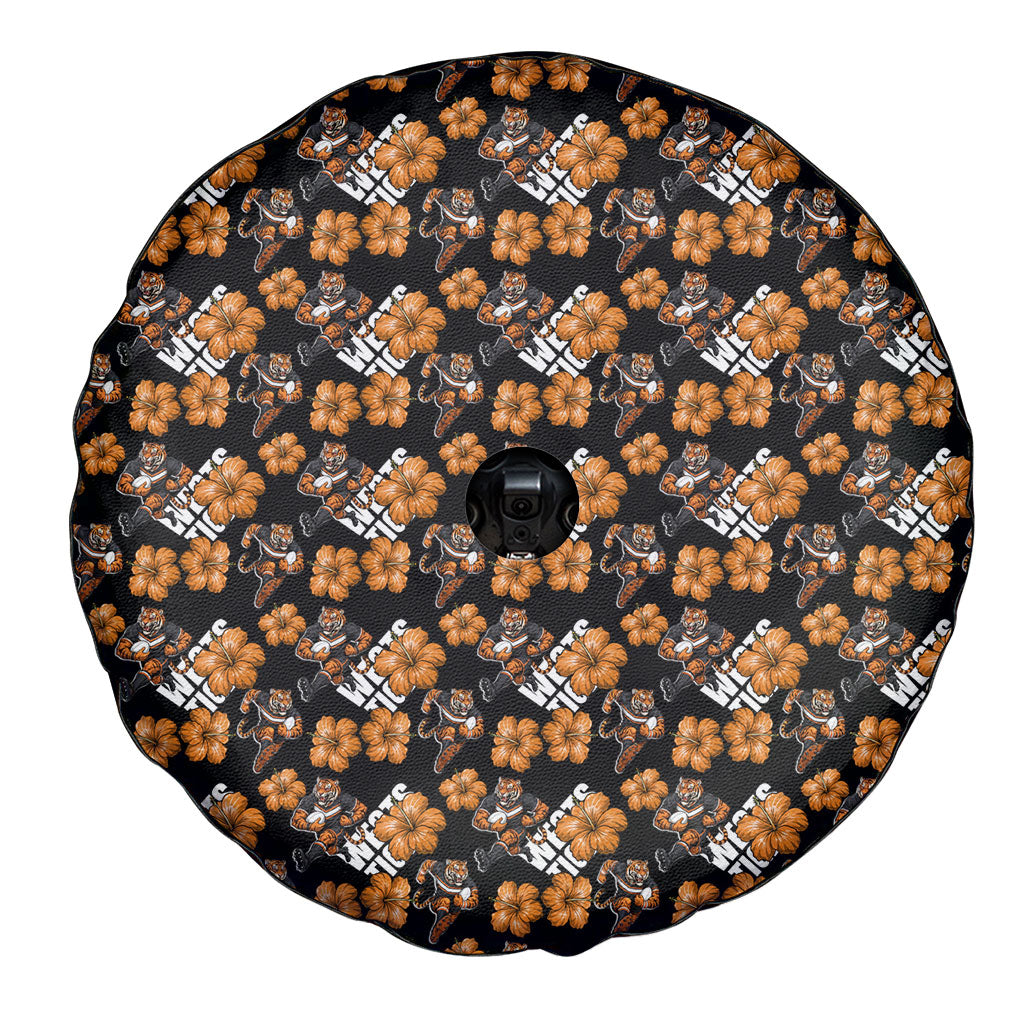 Wests Tigers Spare Tire Cover Tropical Hibiscus Floral Seamless Rugby Mascot