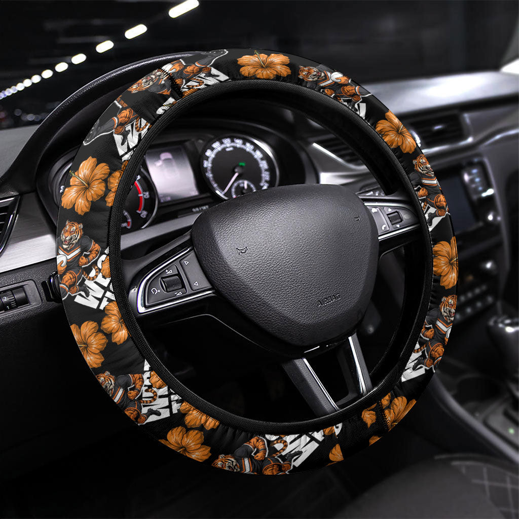 Wests Tigers Steering Wheel Cover Tropical Hibiscus Floral Seamless Rugby Mascot