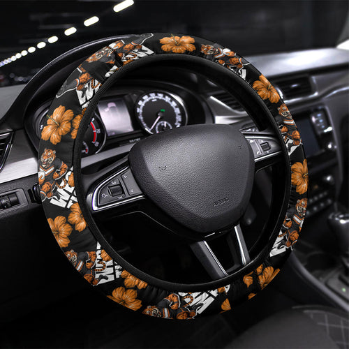Wests Tigers Steering Wheel Cover Tropical Hibiscus Floral Seamless Rugby Mascot