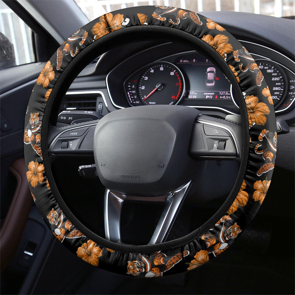 Wests Tigers Steering Wheel Cover Tropical Hibiscus Floral Seamless Rugby Mascot