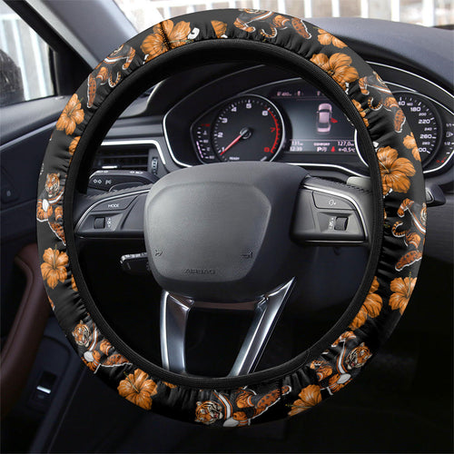 Wests Tigers Steering Wheel Cover Tropical Hibiscus Floral Seamless Rugby Mascot