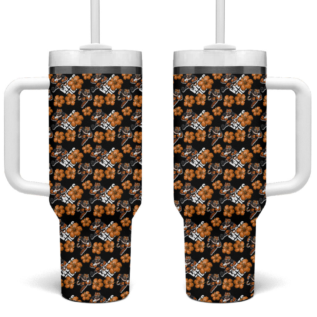 Wests Tigers Tumbler With Handle Tropical Hibiscus Floral Seamless Rugby Mascot