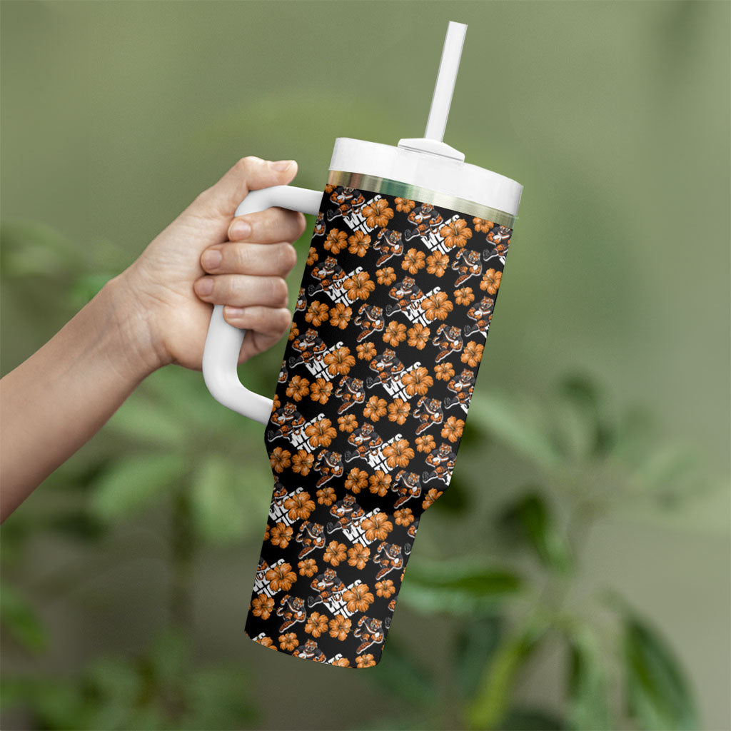 Wests Tigers Tumbler With Handle Tropical Hibiscus Floral Seamless Rugby Mascot