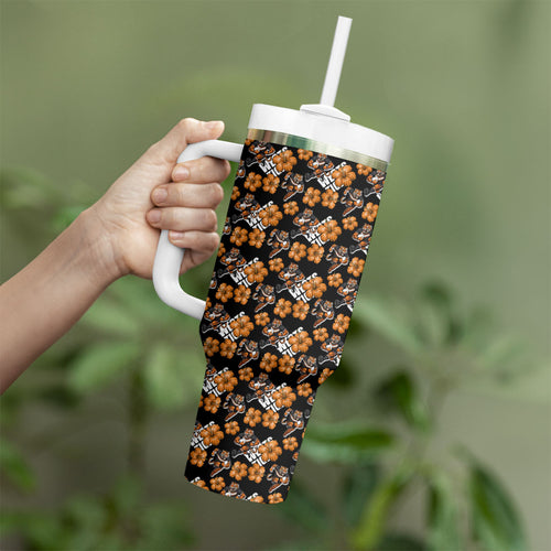 Wests Tigers Tumbler With Handle Tropical Hibiscus Floral Seamless Rugby Mascot