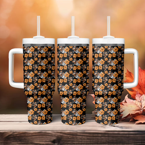 Wests Tigers Tumbler With Handle Tropical Hibiscus Floral Seamless Rugby Mascot
