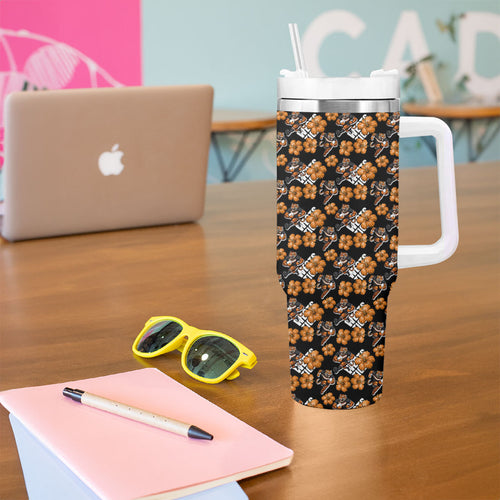 Wests Tigers Tumbler With Handle Tropical Hibiscus Floral Seamless Rugby Mascot