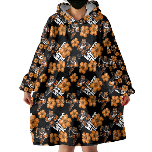 Wests Tigers Wearable Blanket Hoodie Tropical Hibiscus Floral Seamless Rugby Mascot