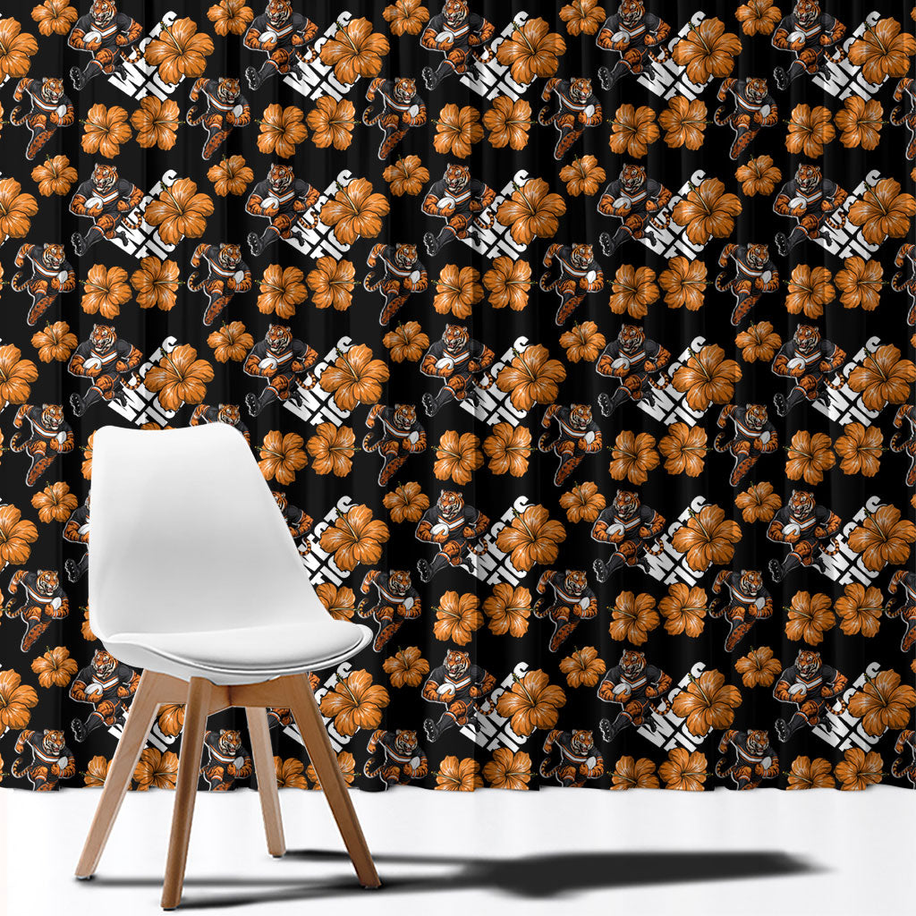 Wests Tigers Window Curtain Tropical Hibiscus Floral Seamless Rugby Mascot