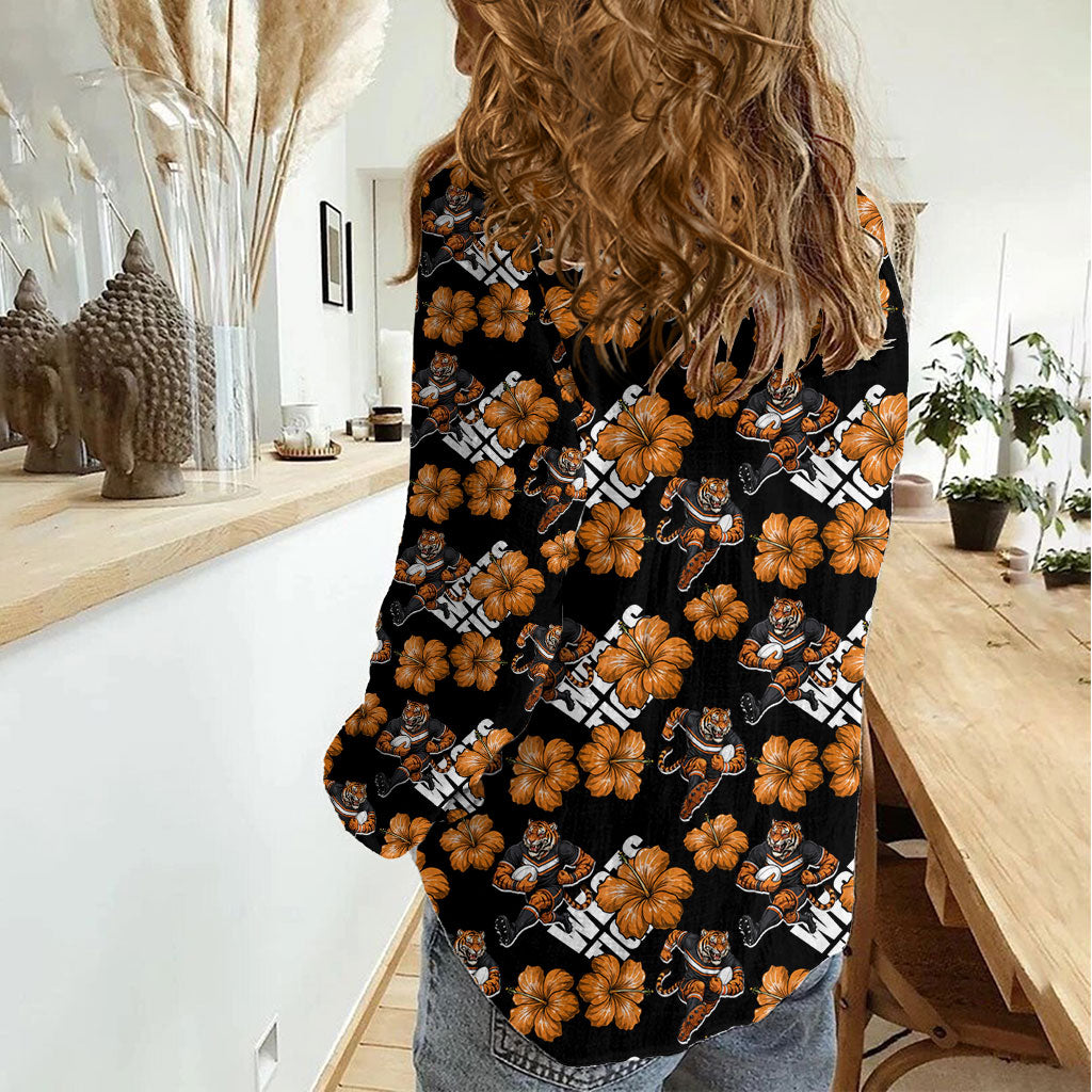 Wests Tigers Women Casual Shirt Tropical Hibiscus Floral Seamless Rugby Mascot