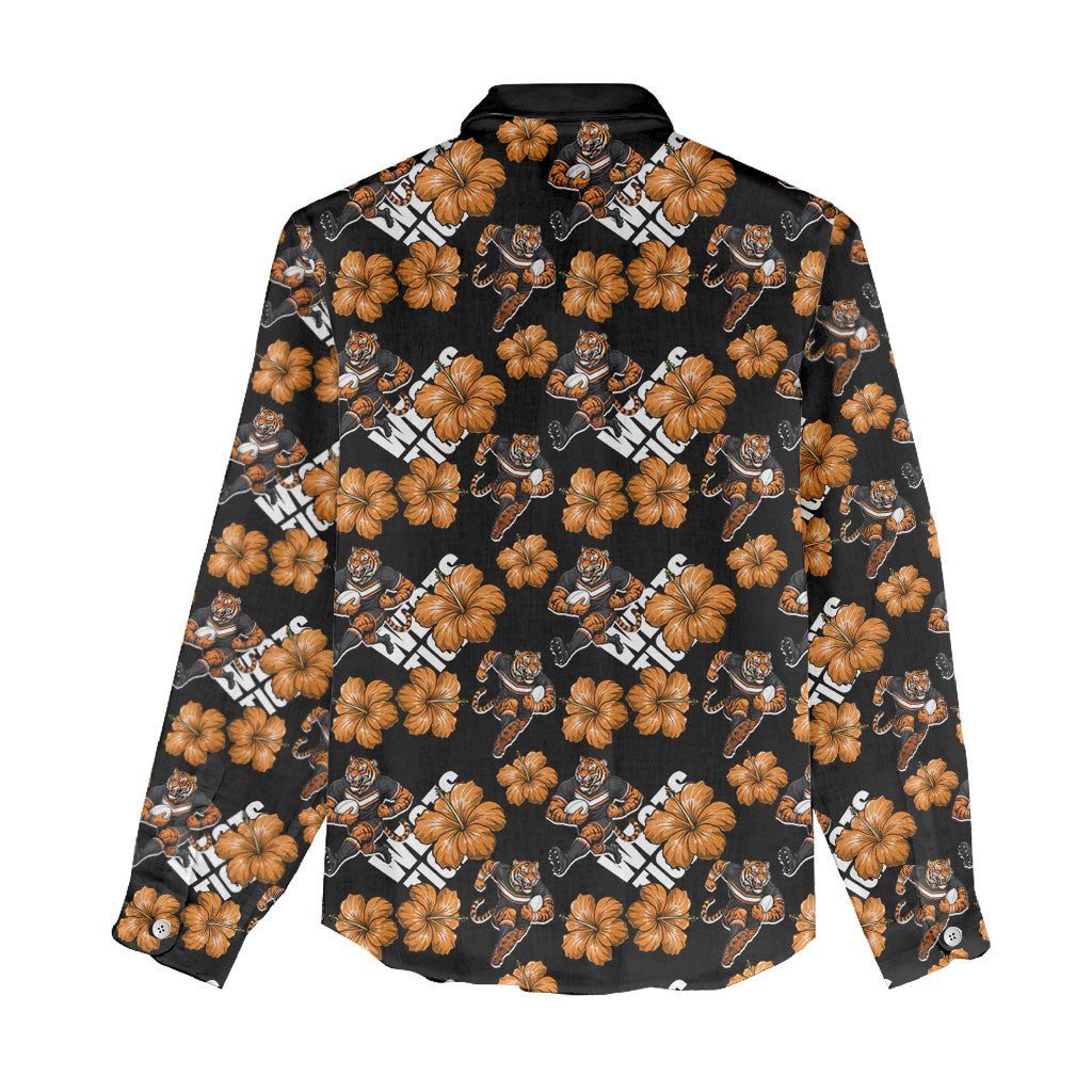Wests Tigers Women Casual Shirt Tropical Hibiscus Floral Seamless Rugby Mascot