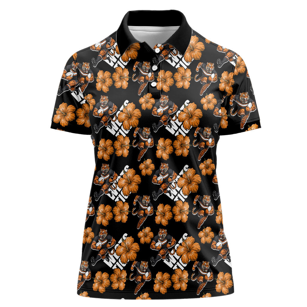 Wests Tigers Women Polo Shirt Tropical Hibiscus Floral Seamless Rugby Mascot