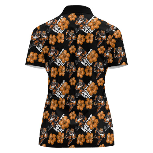 Wests Tigers Women Polo Shirt Tropical Hibiscus Floral Seamless Rugby Mascot