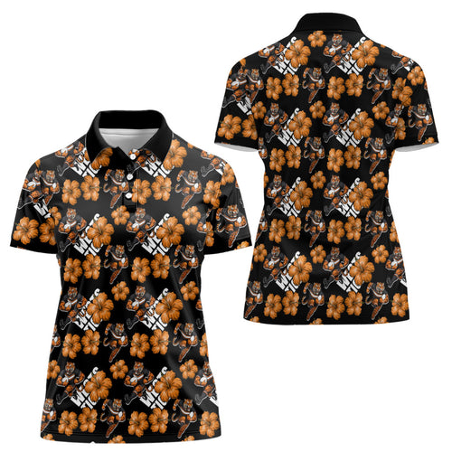 Wests Tigers Women Polo Shirt Tropical Hibiscus Floral Seamless Rugby Mascot