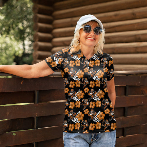 Wests Tigers Women Polo Shirt Tropical Hibiscus Floral Seamless Rugby Mascot
