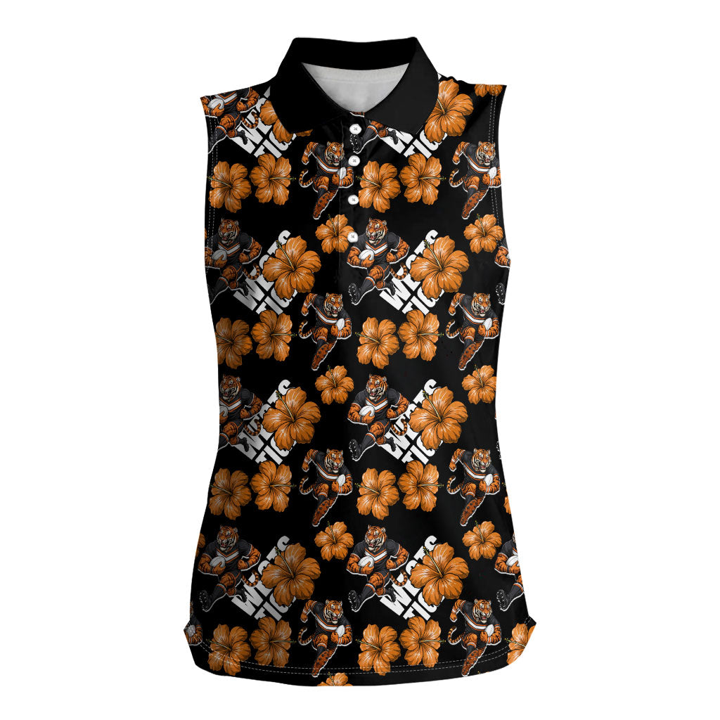Wests Tigers Women Sleeveless Polo Shirt Tropical Hibiscus Floral Seamless Rugby Mascot