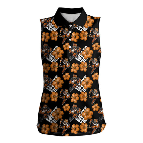 Wests Tigers Women Sleeveless Polo Shirt Tropical Hibiscus Floral Seamless Rugby Mascot