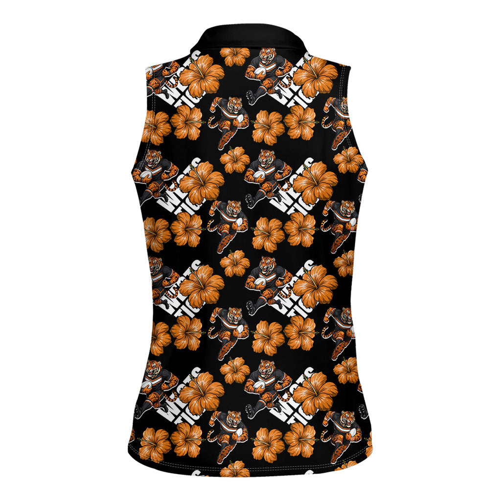 Wests Tigers Women Sleeveless Polo Shirt Tropical Hibiscus Floral Seamless Rugby Mascot