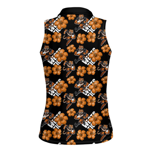 Wests Tigers Women Sleeveless Polo Shirt Tropical Hibiscus Floral Seamless Rugby Mascot