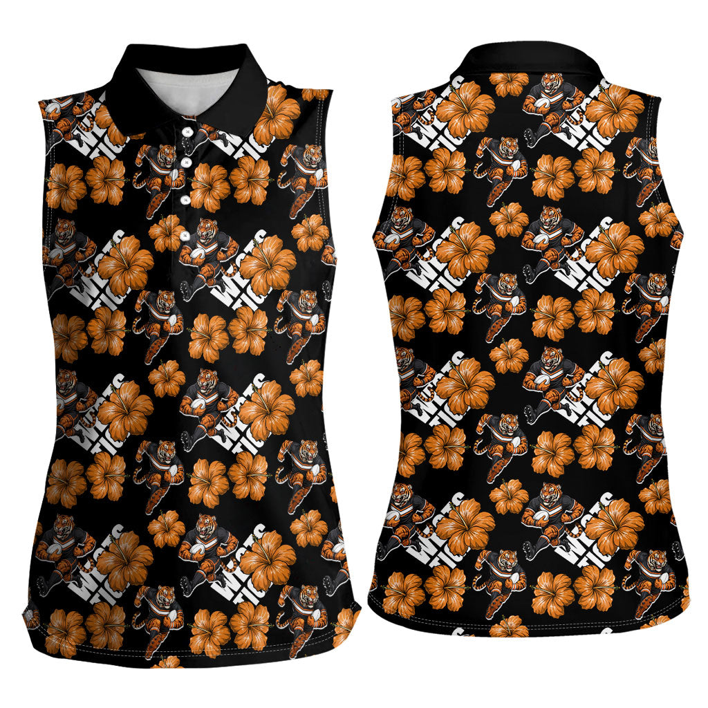 Wests Tigers Women Sleeveless Polo Shirt Tropical Hibiscus Floral Seamless Rugby Mascot