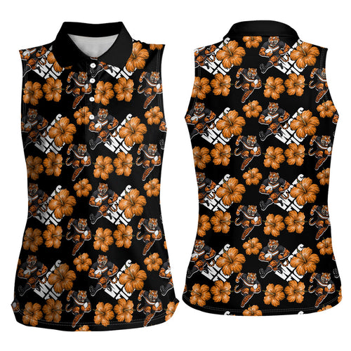 Wests Tigers Women Sleeveless Polo Shirt Tropical Hibiscus Floral Seamless Rugby Mascot