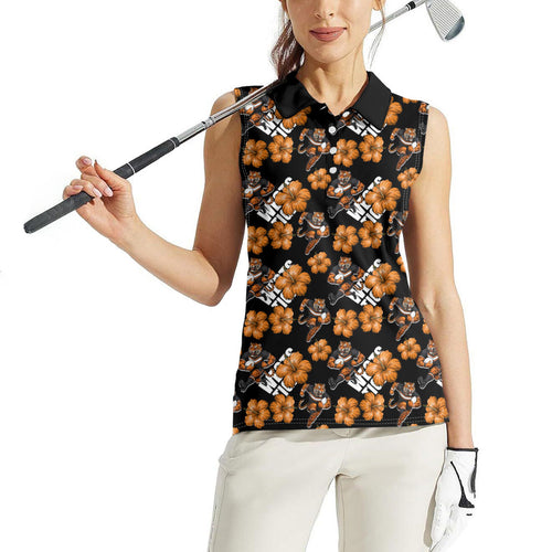 Wests Tigers Women Sleeveless Polo Shirt Tropical Hibiscus Floral Seamless Rugby Mascot