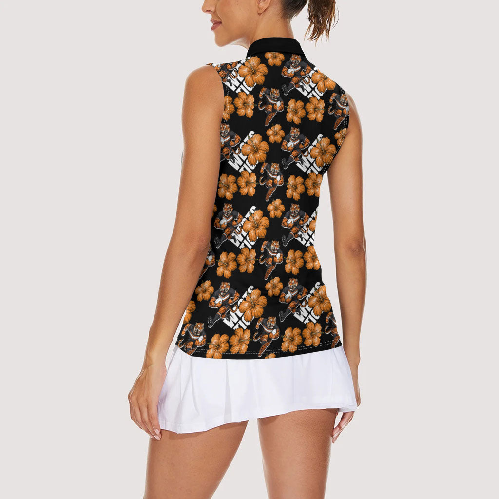 Wests Tigers Women Sleeveless Polo Shirt Tropical Hibiscus Floral Seamless Rugby Mascot