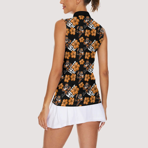 Wests Tigers Women Sleeveless Polo Shirt Tropical Hibiscus Floral Seamless Rugby Mascot