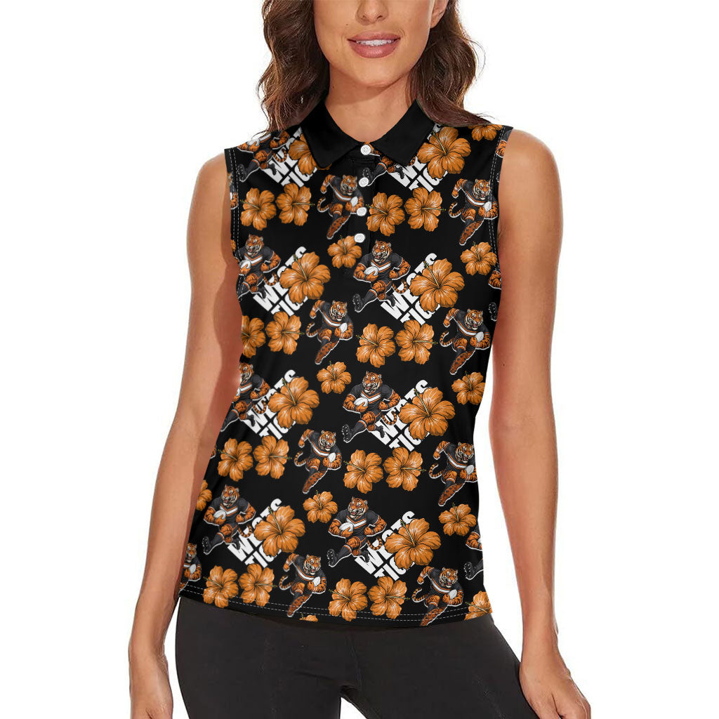 Wests Tigers Women Sleeveless Polo Shirt Tropical Hibiscus Floral Seamless Rugby Mascot