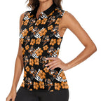 Wests Tigers Women Sleeveless Polo Shirt Tropical Hibiscus Floral Seamless Rugby Mascot