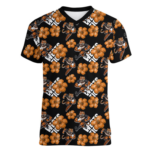 Wests Tigers Women V-Neck T-Shirt Tropical Hibiscus Floral Seamless Rugby Mascot