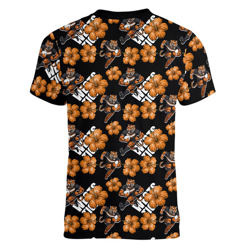 Wests Tigers Women V-Neck T-Shirt Tropical Hibiscus Floral Seamless Rugby Mascot