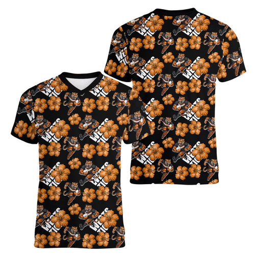 Wests Tigers Women V-Neck T-Shirt Tropical Hibiscus Floral Seamless Rugby Mascot