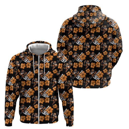 Wests Tigers Zip Hoodie Tropical Hibiscus Floral Seamless Rugby Mascot