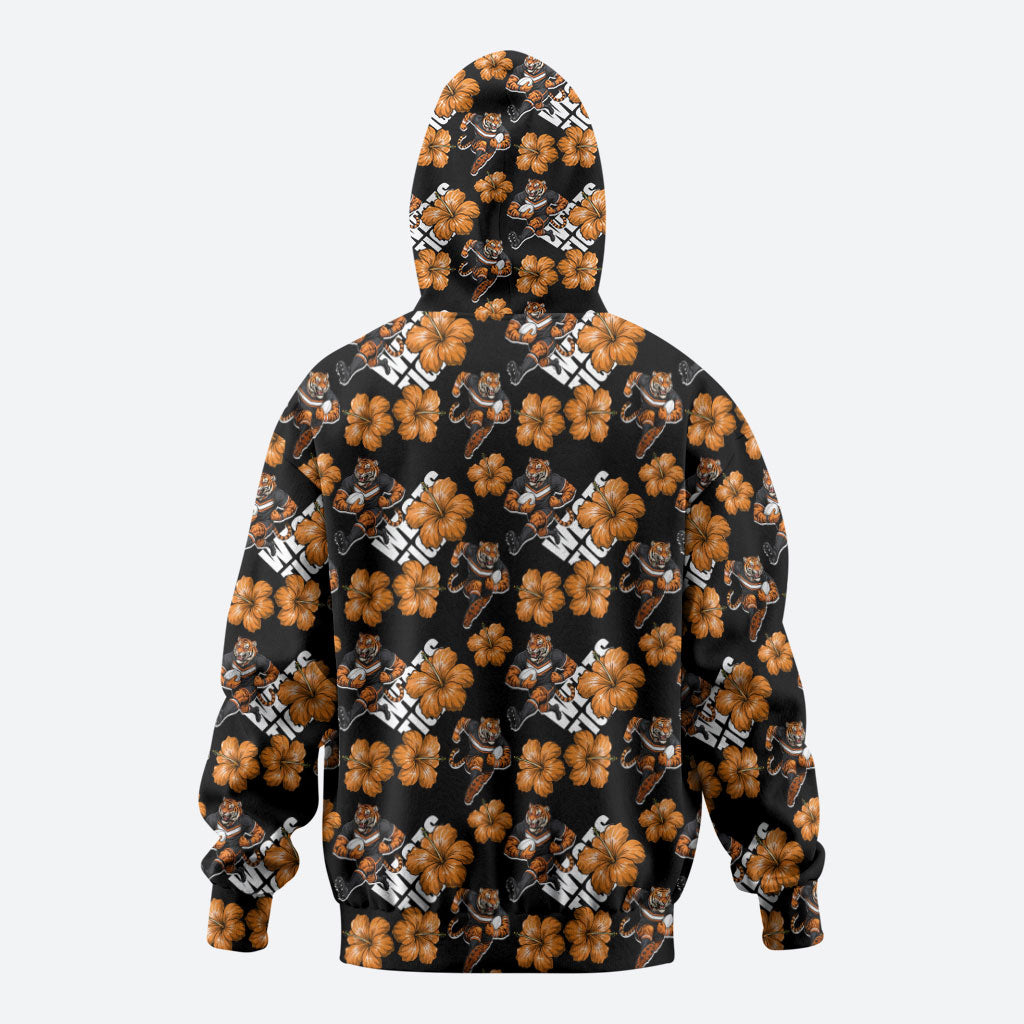 Wests Tigers Zip Hoodie Tropical Hibiscus Floral Seamless Rugby Mascot