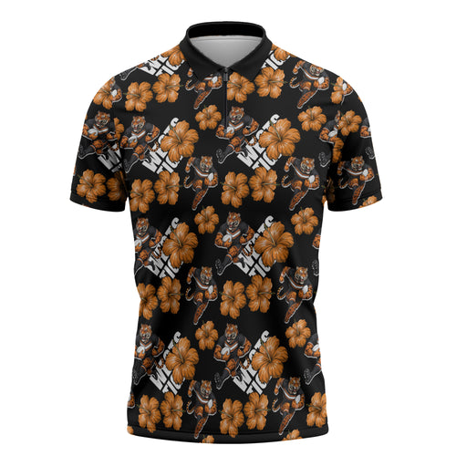Wests Tigers Zipper Polo Shirt Tropical Hibiscus Floral Seamless Rugby Mascot