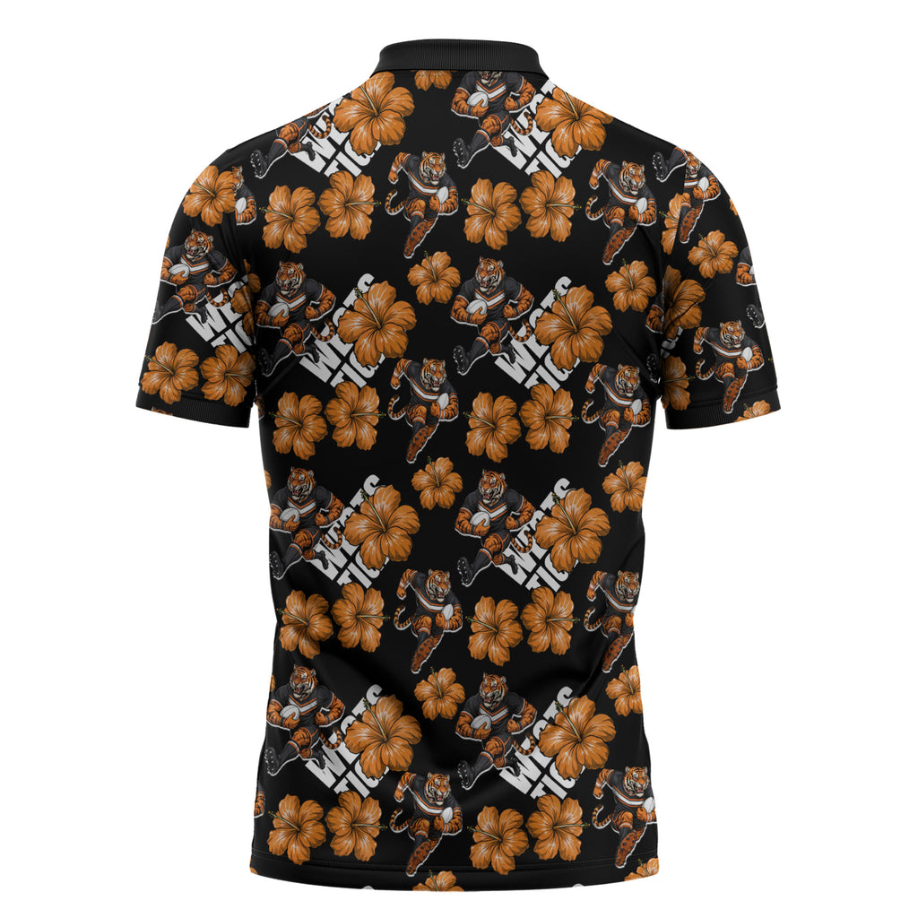 Wests Tigers Zipper Polo Shirt Tropical Hibiscus Floral Seamless Rugby Mascot