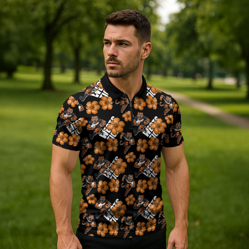 Wests Tigers Zipper Polo Shirt Tropical Hibiscus Floral Seamless Rugby Mascot