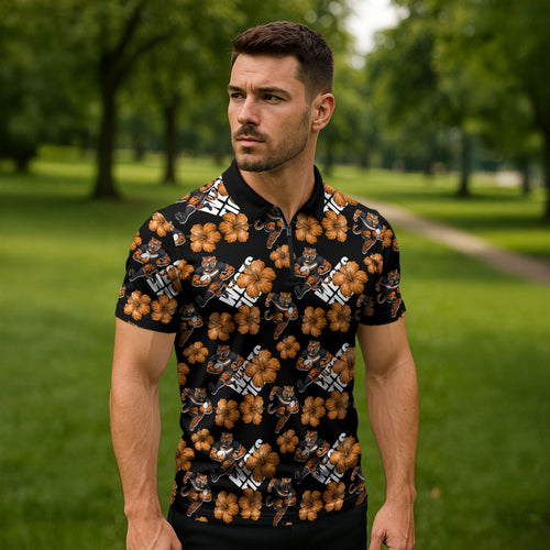 Wests Tigers Zipper Polo Shirt Tropical Hibiscus Floral Seamless Rugby Mascot
