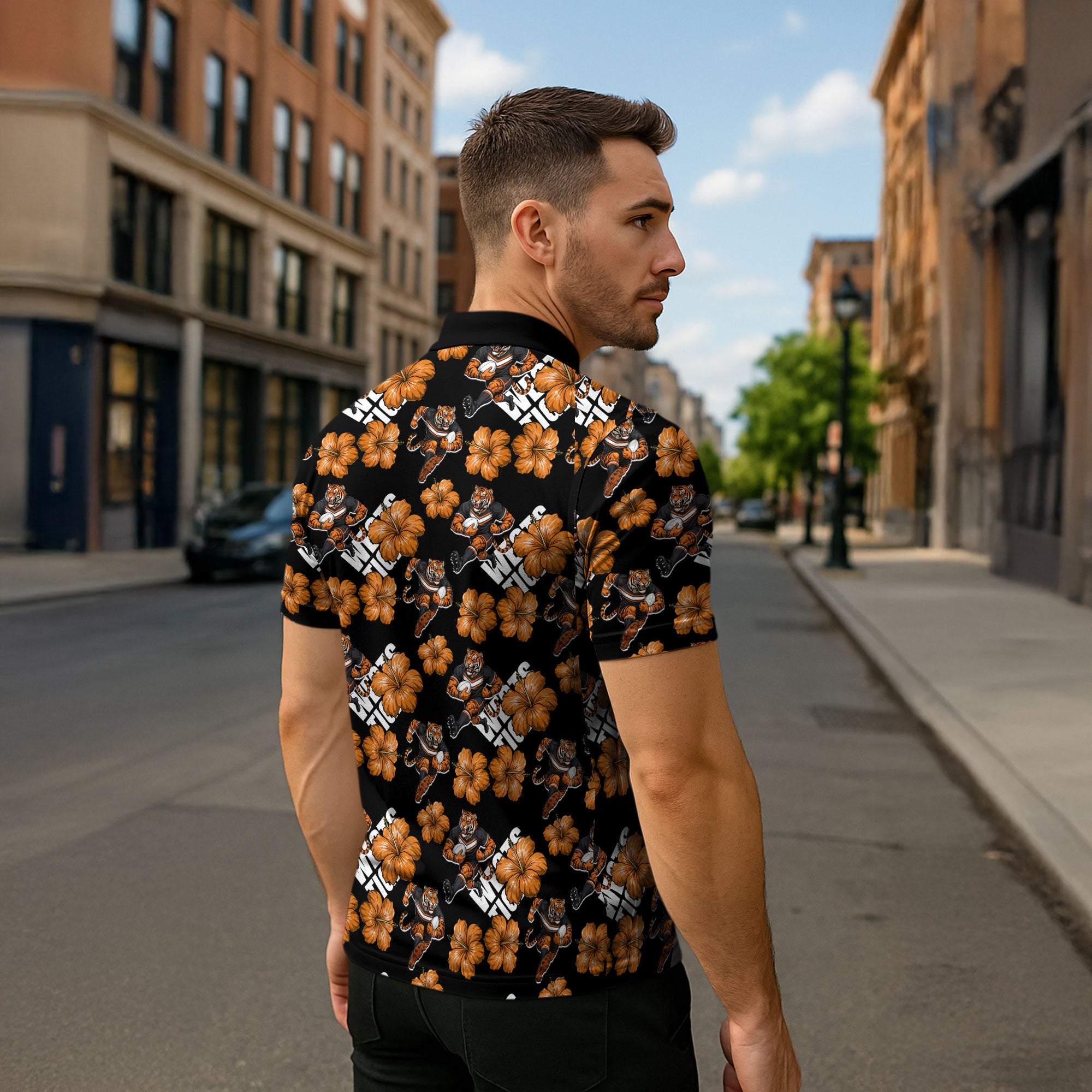 Wests Tigers Zipper Polo Shirt Tropical Hibiscus Floral Seamless Rugby Mascot