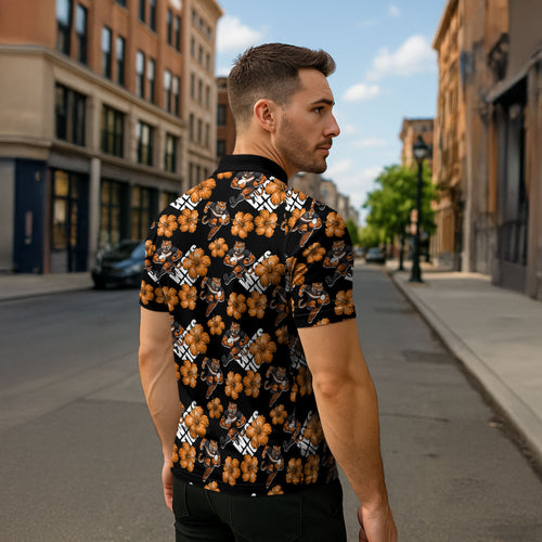 Wests Tigers Zipper Polo Shirt Tropical Hibiscus Floral Seamless Rugby Mascot