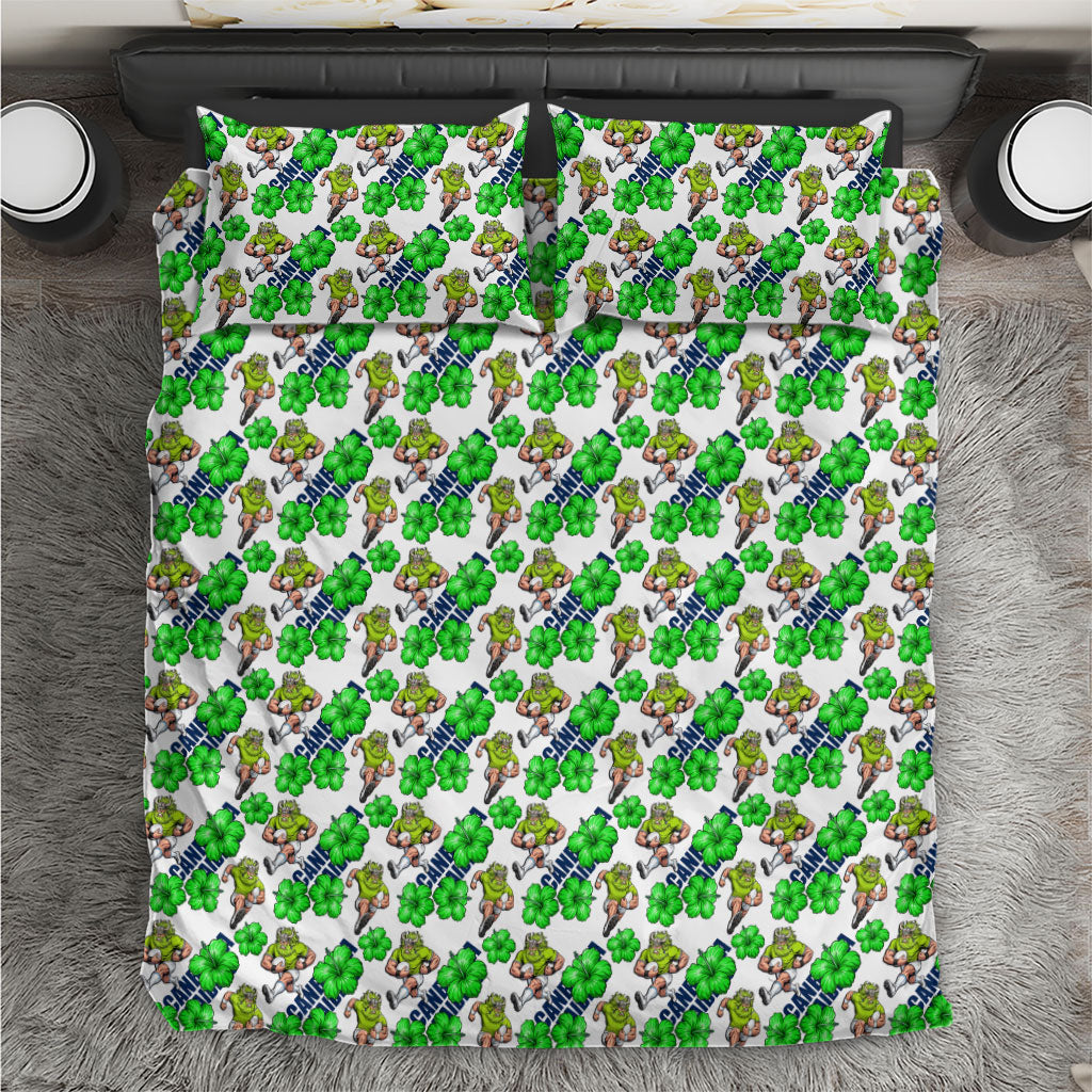 Canberra Raiders Bedding Set Tropical Hibiscus Floral Seamless Rugby Mascot
