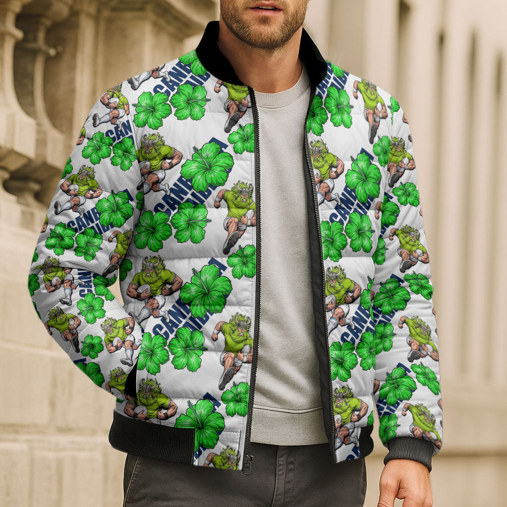 Canberra Raiders Bomber Puffer Jacket Tropical Hibiscus Floral Seamless Rugby Mascot