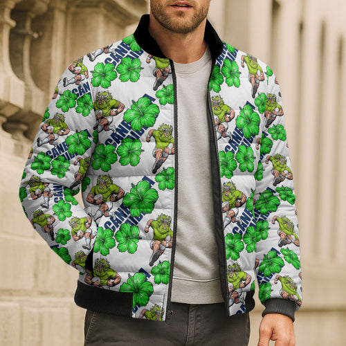 Canberra Raiders Bomber Puffer Jacket Tropical Hibiscus Floral Seamless Rugby Mascot