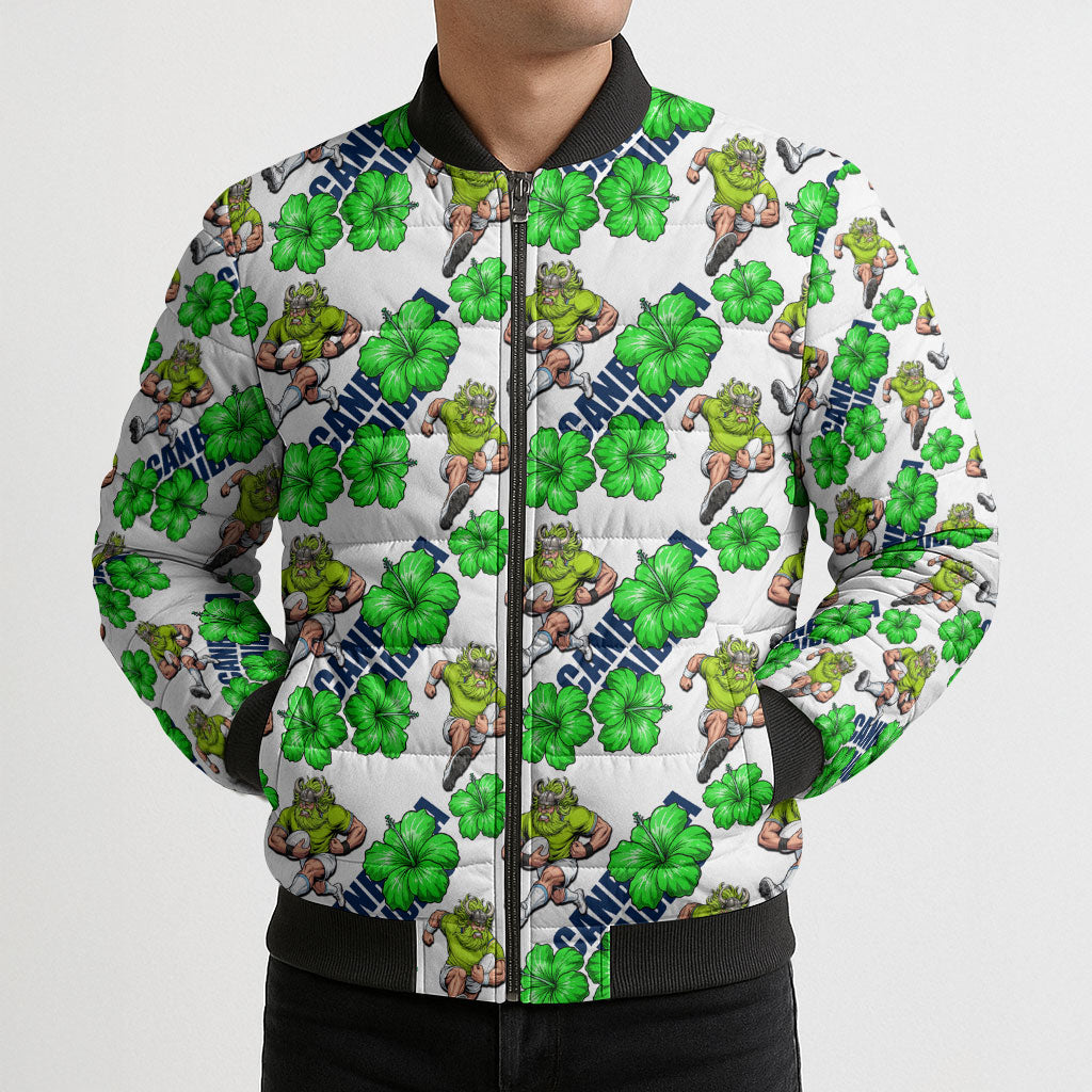 Canberra Raiders Bomber Puffer Jacket Tropical Hibiscus Floral Seamless Rugby Mascot