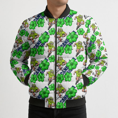 Canberra Raiders Bomber Puffer Jacket Tropical Hibiscus Floral Seamless Rugby Mascot