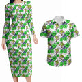 Canberra Raiders Couples Matching Long Sleeve Bodycon Dress and Hawaiian Shirt Tropical Hibiscus Floral Seamless Rugby Mascot